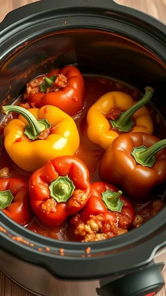 Colorful stuffed bell peppers in tomato sauce in a crockpot