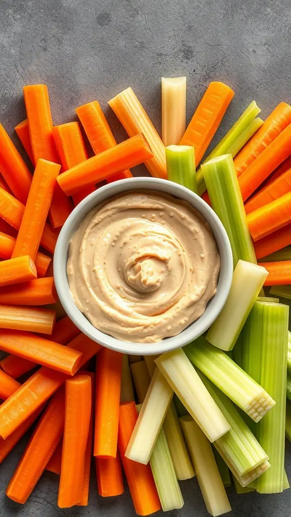A bowl of hummus surrounded by colorful carrot and celery sticks.