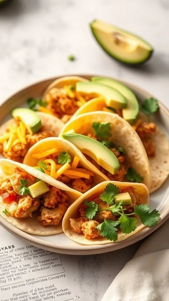 Mini chicken tacos with cheese and avocado on a plate