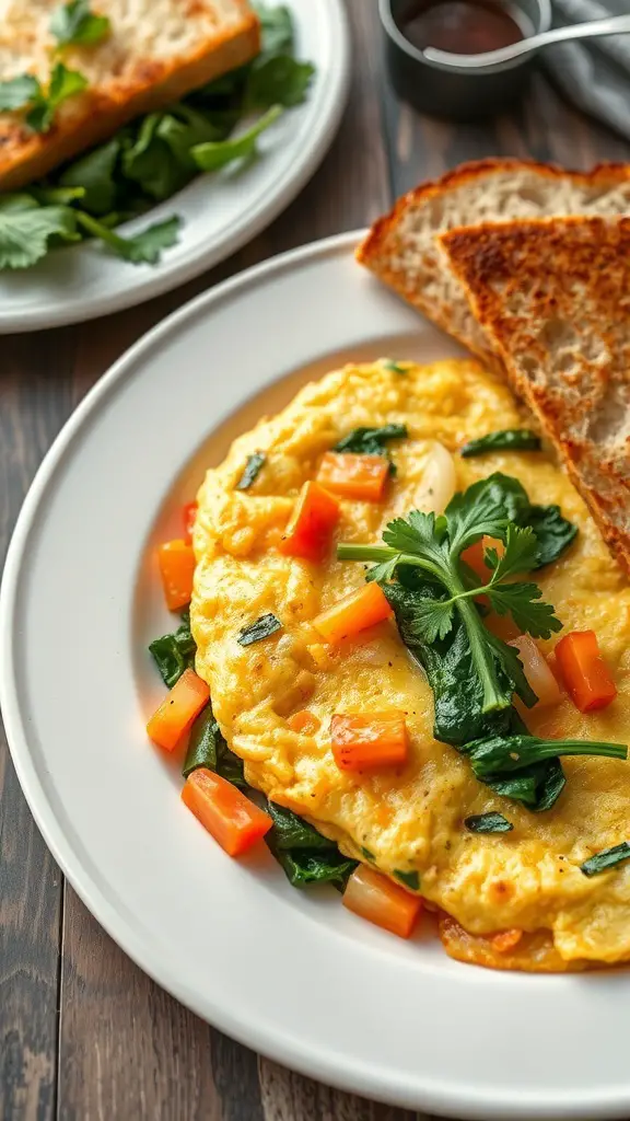 A delicious vegetable omelette served with toast and fresh greens.