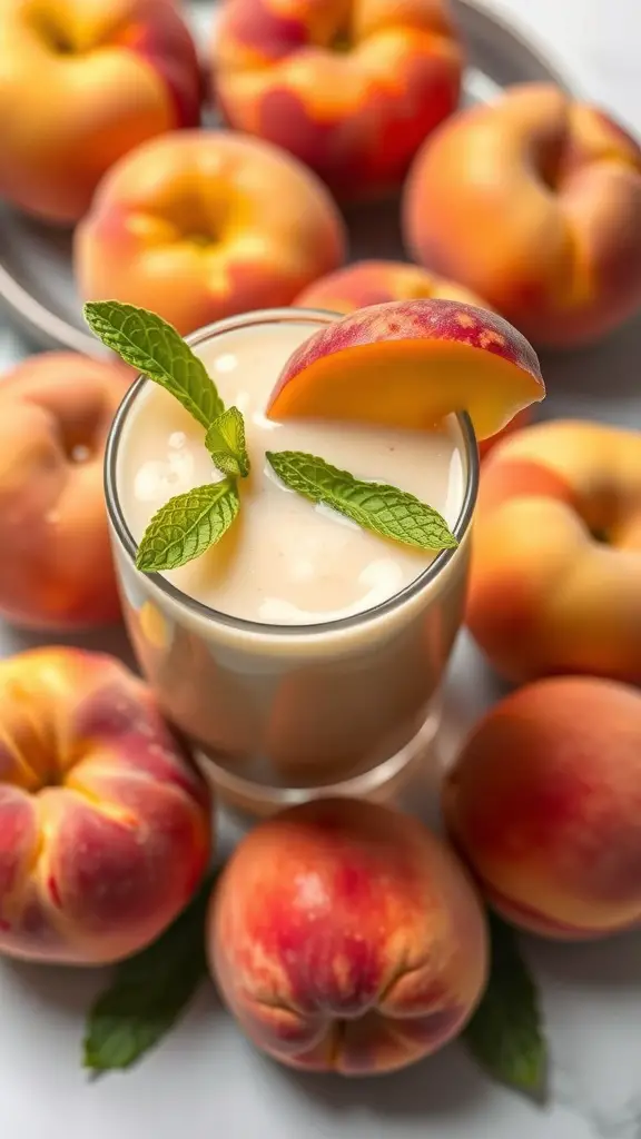 A refreshing peach smoothie surrounded by fresh peaches and mint leaves.