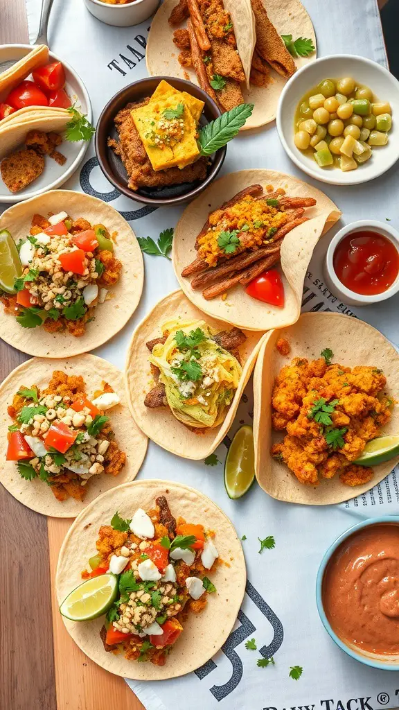 A variety of breakfast tacos with colorful toppings on a table.