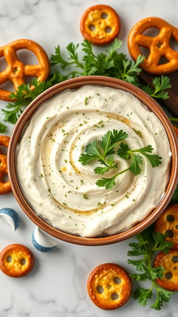 A bowl of creamy garlic parmesan dip topped with parsley, surrounded by pretzels.