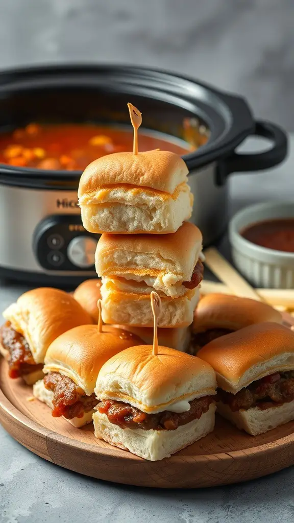 A plate of mini sliders with a crockpot in the background