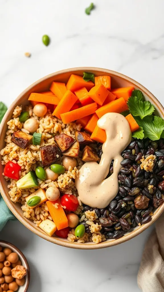 A colorful roasted vegetable Buddha bowl with grains, roasted veggies, and tahini sauce.