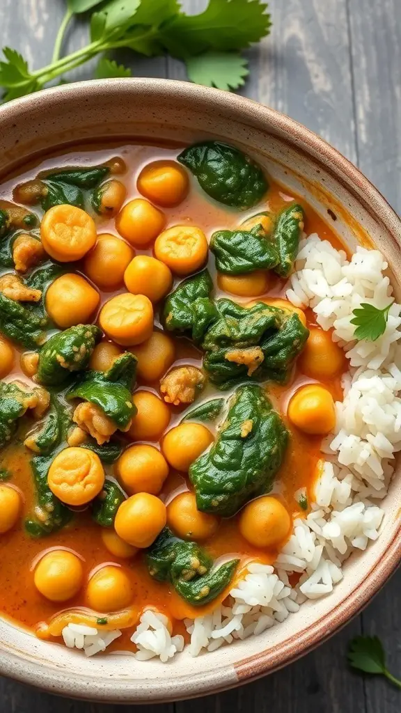 A bowl of chickpea and spinach curry served with rice, garnished with fresh herbs.
