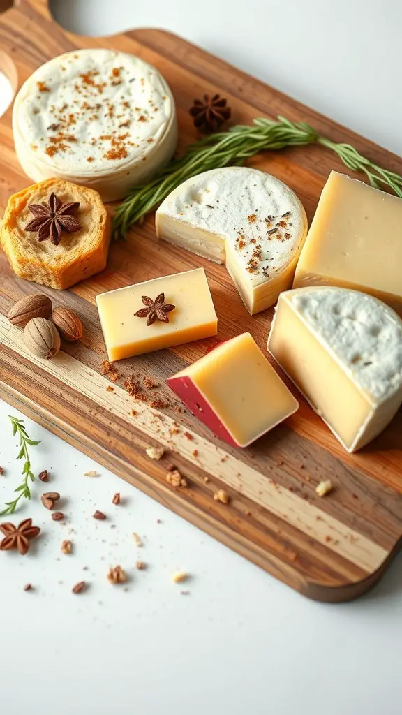 A selection of warm spiced cheeses on a wooden board, featuring various types of cheese with spices and herbs.