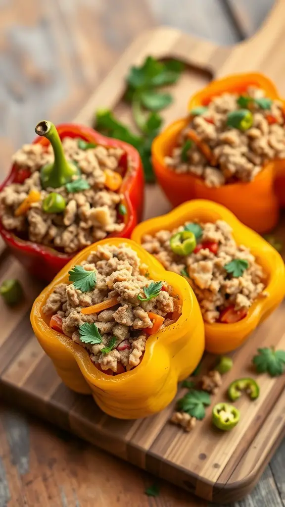 Stuffed bell peppers filled with ground turkey and vegetables on a wooden cutting board.