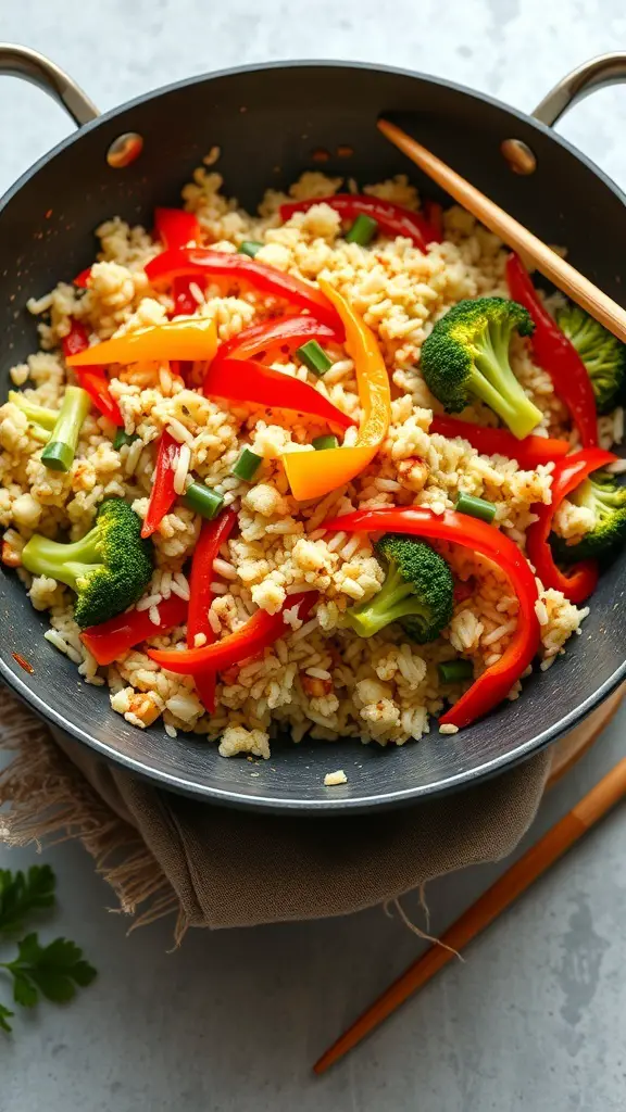 A colorful cauliflower rice stir-fry with bell peppers and broccoli in a pan.
