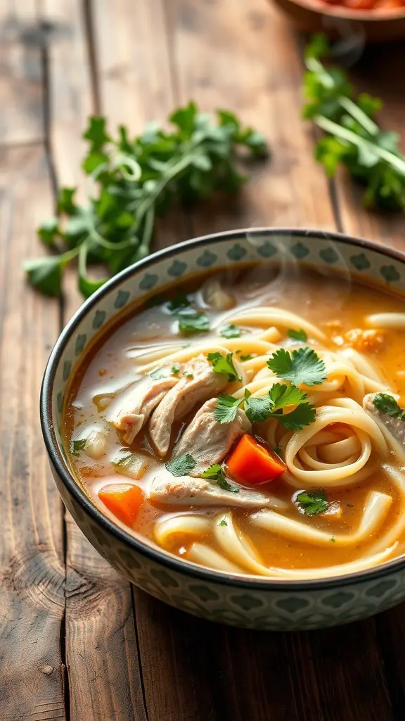A bowl of classic chicken noodle soup with chicken, noodles, and vegetables.