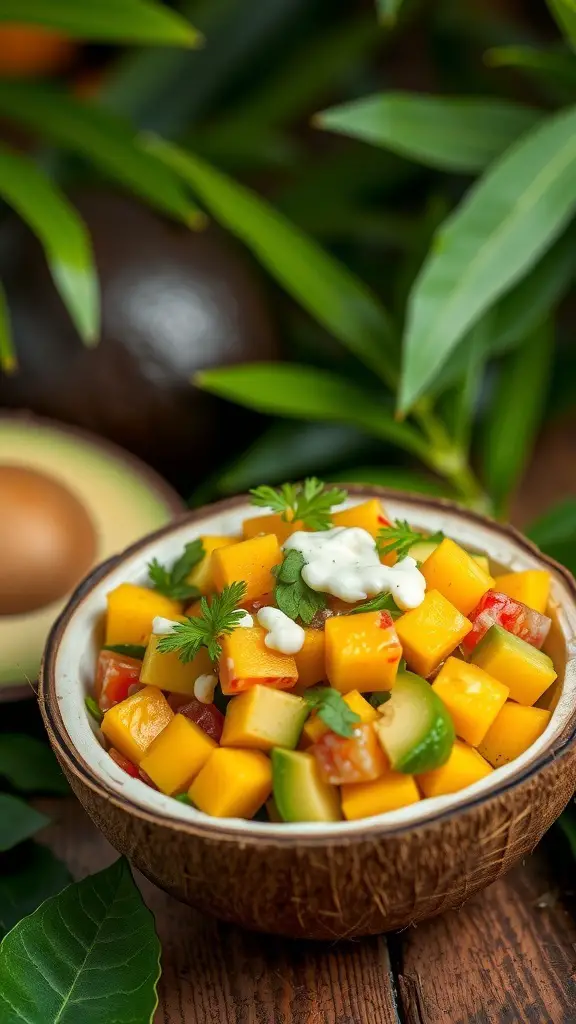 A bowl of Tropical Mango and Avocado Salad with mango, avocado, tomatoes, and cilantro, surrounded by green leaves.