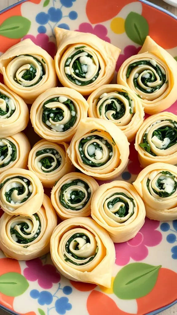 A colorful plate filled with spinach and ricotta pinwheels, showcasing their spiral design.