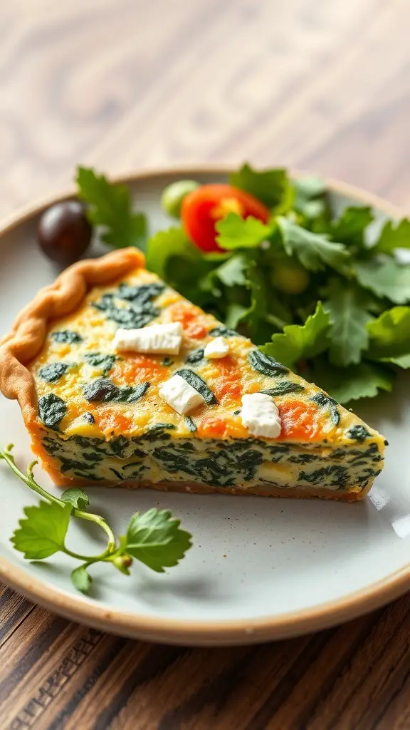 A slice of spinach and feta quiche on a plate with a side salad.