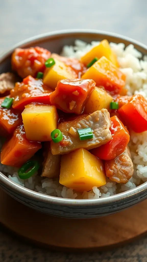 Bowl of sweet and sour pork with pineapple served over rice