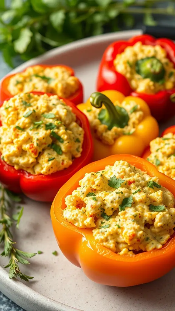 Colorful vegan cheese-stuffed peppers on a plate