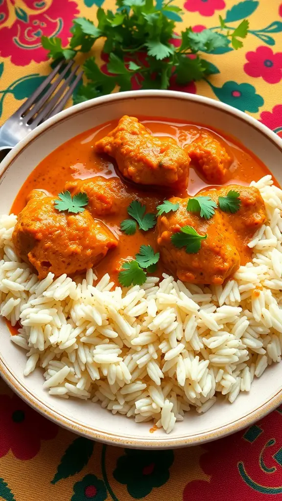 A plate of Chicken Tikka Masala served with rice, garnished with cilantro.