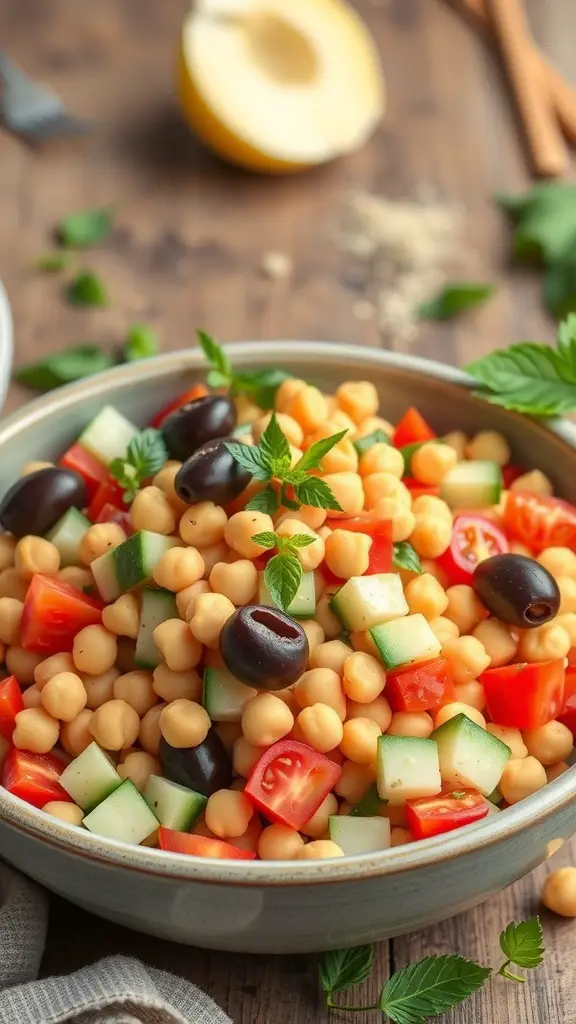 A bowl of Mediterranean Chickpea Salad with chickpeas, cucumbers, tomatoes, and olives, garnished with fresh mint.