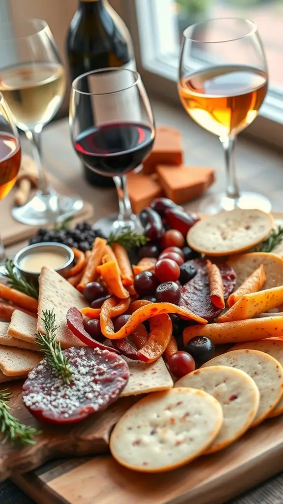 A charcuterie board with various cheeses, meats, fruits, and three glasses of wine.