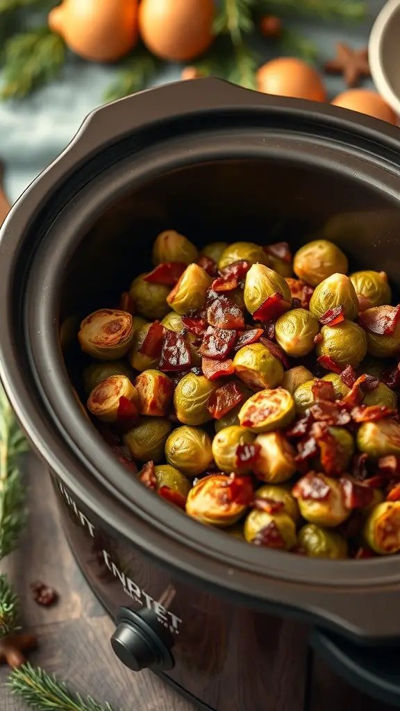 Crockpot filled with roasted Brussels sprouts and bacon, ready to serve.