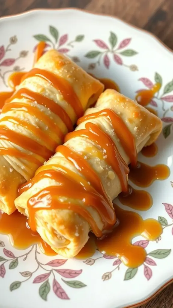 Two salted caramel puff pastry strudels drizzled with caramel sauce on a decorative plate.