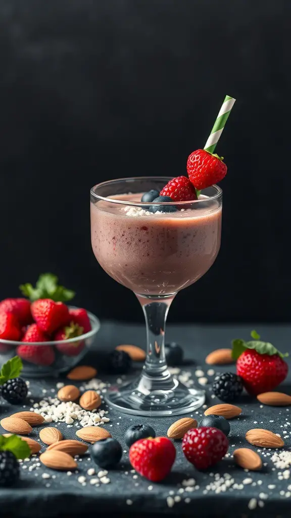 A Nutty Almond Butter Berry Smoothie in a glass, topped with strawberries and blueberries, surrounded by almonds and fresh berries.