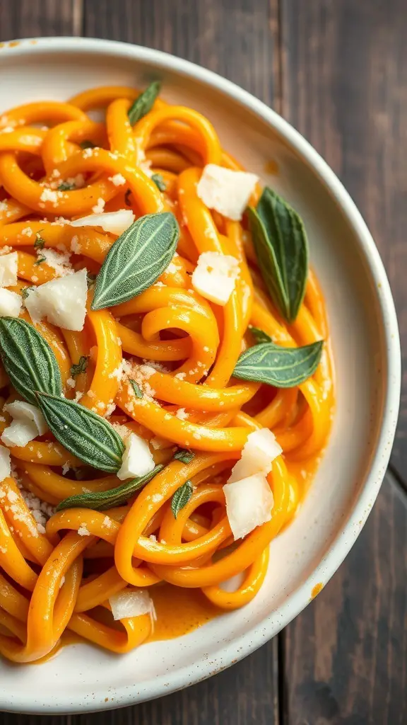 A plate of pumpkin and sage pasta garnished with fresh sage leaves and cheese shavings.