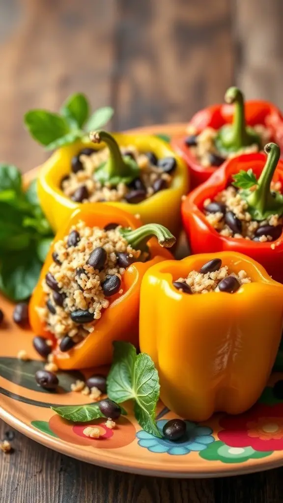 Colorful stuffed bell peppers filled with quinoa and black beans on a decorative plate.