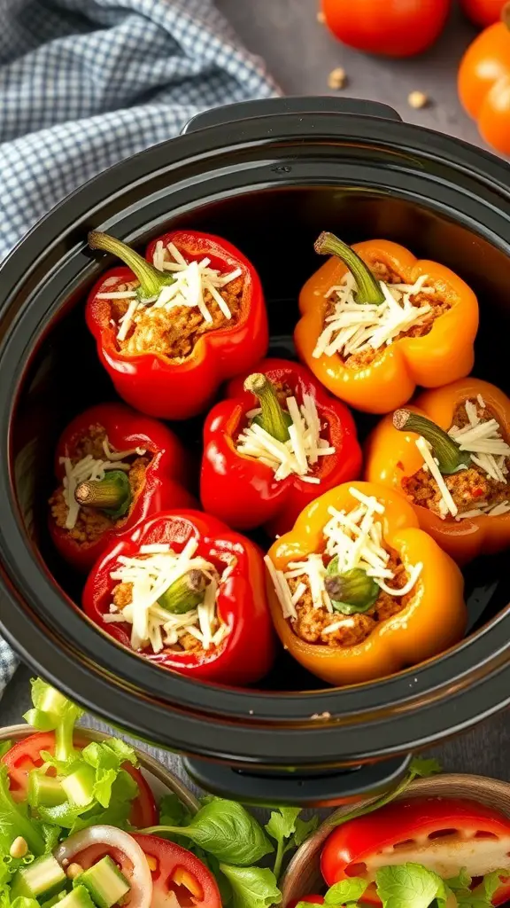 Colorful stuffed bell peppers in a crockpot, ready to be served.