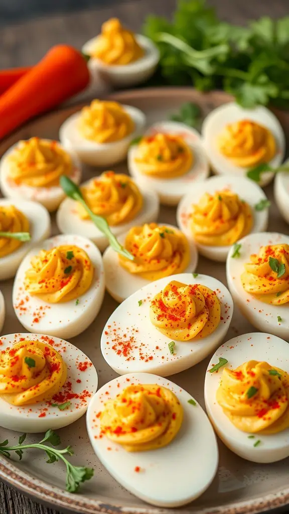 A platter of classic deviled eggs topped with creamy filling and paprika.