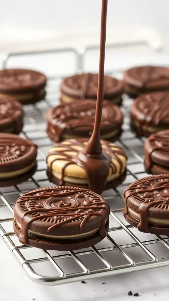 Chocolate dipped Oreos on a wire rack with chocolate being drizzled over them.