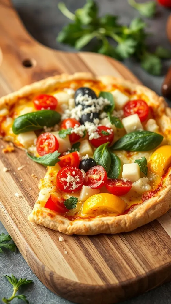 A delicious cauliflower pizza topped with cherry tomatoes, olives, cheese, and fresh basil on a wooden board.