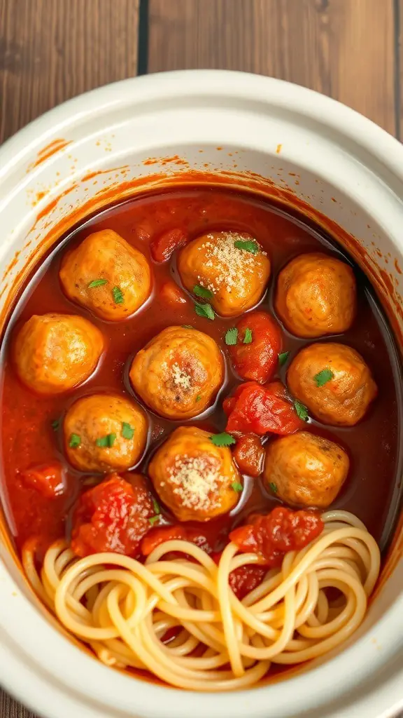 A bowl of mini meatballs in tomato sauce with spaghetti