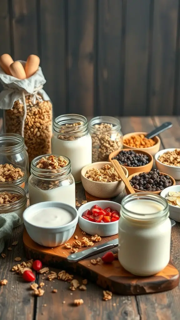 A variety of ingredients for making homemade granola bars, including oats, nuts, dried fruits, and yogurt.