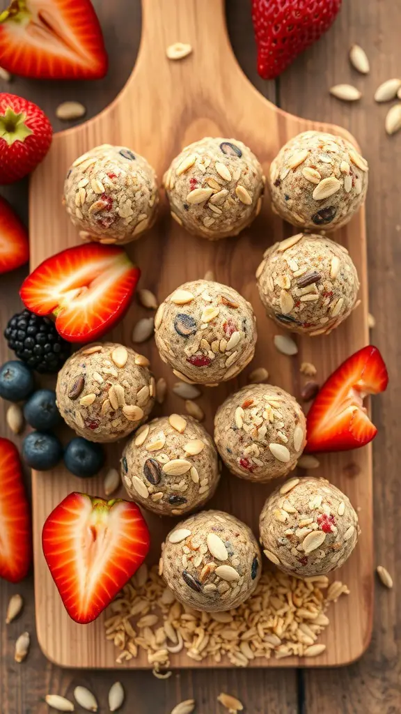A wooden board with nutty energy bites and fresh fruits