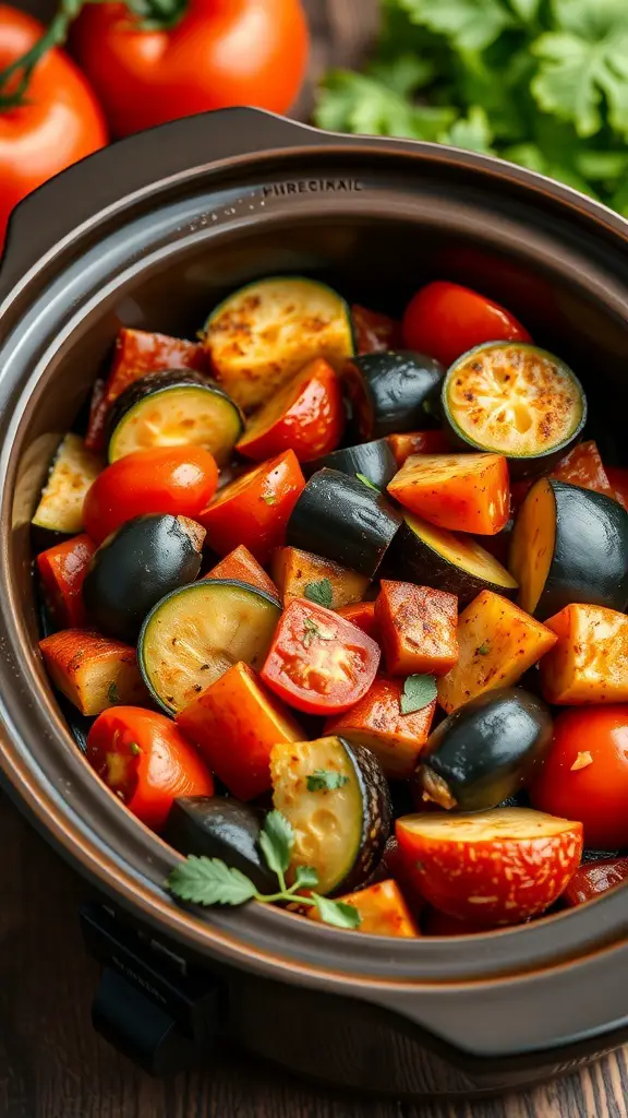 A bowl of colorful vegetable ratatouille in a slow cooker, featuring zucchini, eggplant, tomatoes, and bell peppers.