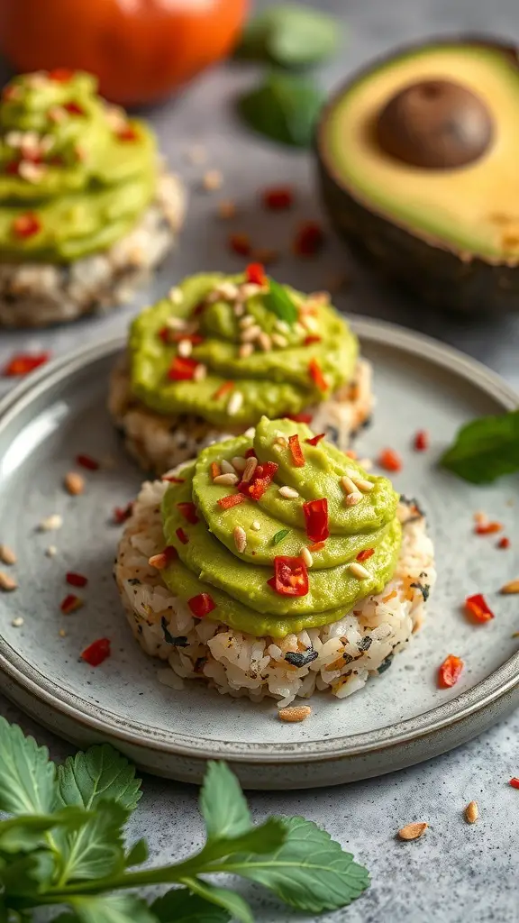 Rice cakes topped with avocado, chili flakes, and seeds on a plate.