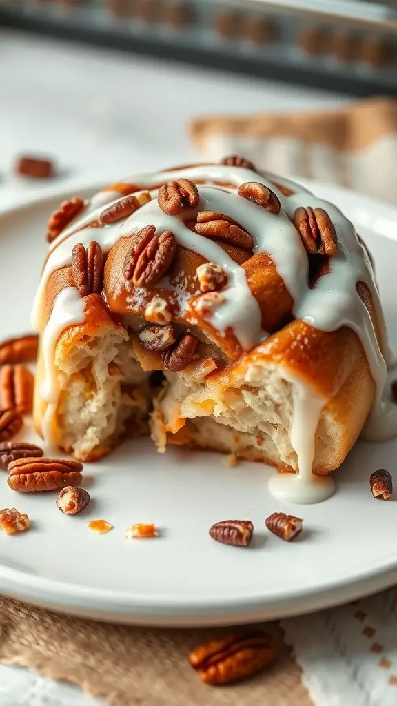 A close-up of a cinnamon roll topped with icing and pecans on a plate.