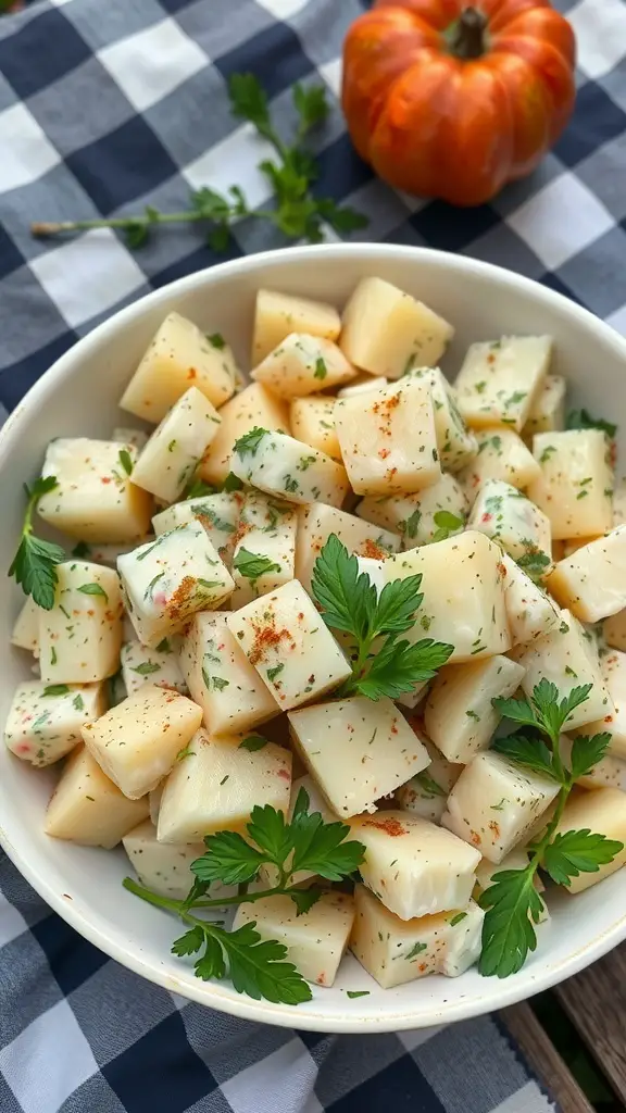A bowl of creamy potato salad with fresh herbs, garnished with parsley, served on a checkered tablecloth.