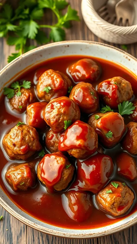 A bowl of homemade meatballs in BBQ sauce garnished with parsley.