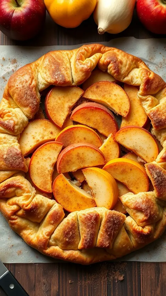 A delicious Squash and Apple Galette with sliced apples and a golden crust, surrounded by fresh apples and squash.