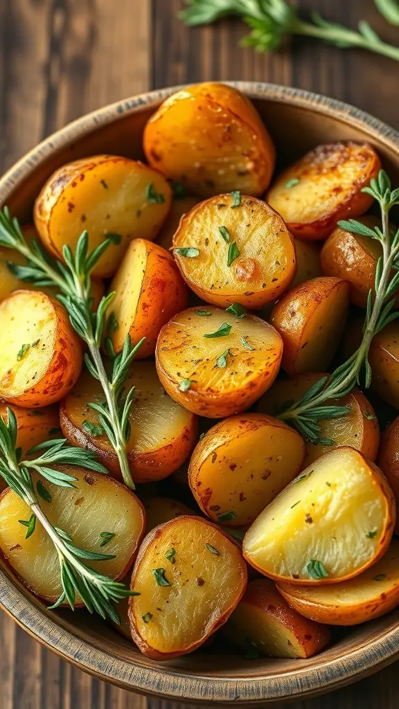 A bowl of garlic and herb roasted potatoes garnished with fresh herbs.
