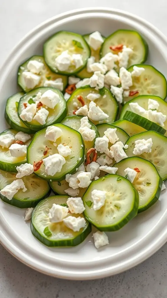 A plate of cucumber rounds topped with crumbled feta cheese and herbs.