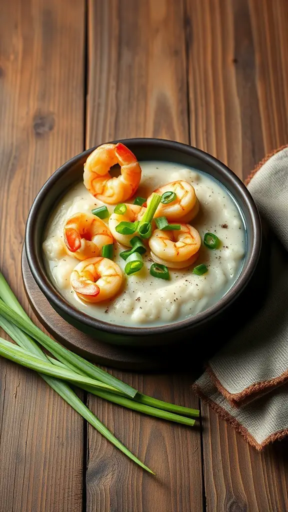 A bowl of shrimp and grits topped with shrimp and green onions on a wooden table.