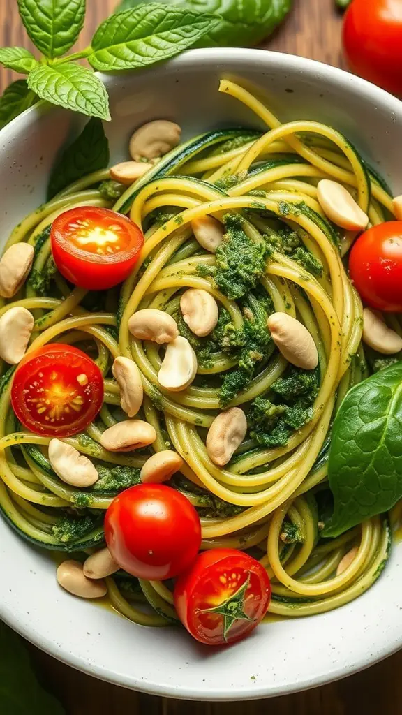 A bowl of zucchini noodles with pesto, topped with cherry tomatoes and nuts.
