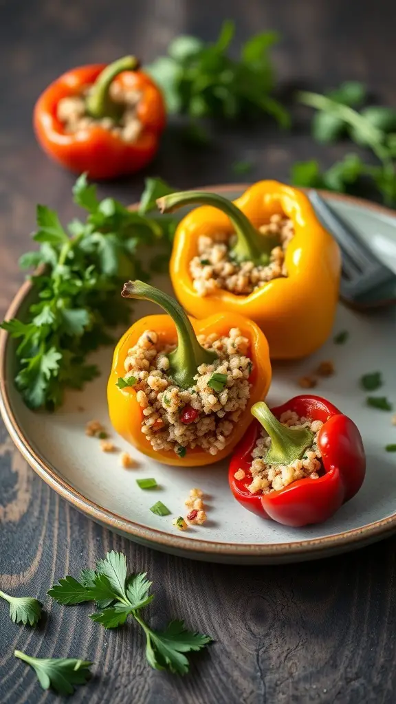 A plate of herbed quinoa stuffed peppers, featuring yellow and red bell peppers filled with quinoa and herbs, garnished with fresh parsley.