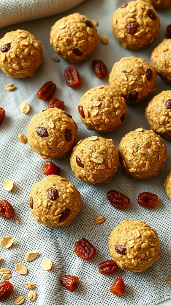 A collection of oatmeal raisin protein balls on a cloth, surrounded by oats and raisins.
