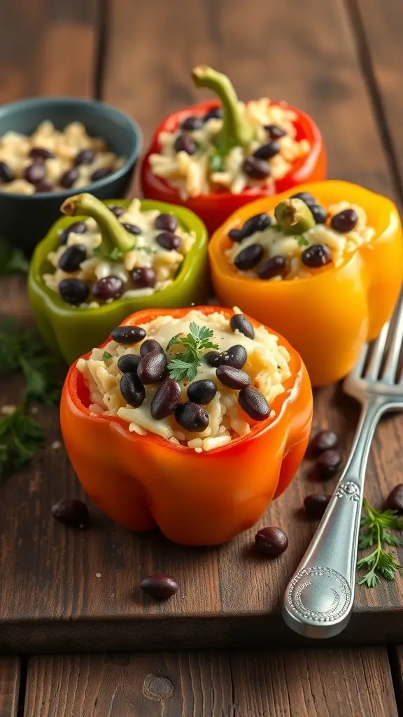 Colorful stuffed bell peppers filled with rice and beans on a wooden table.