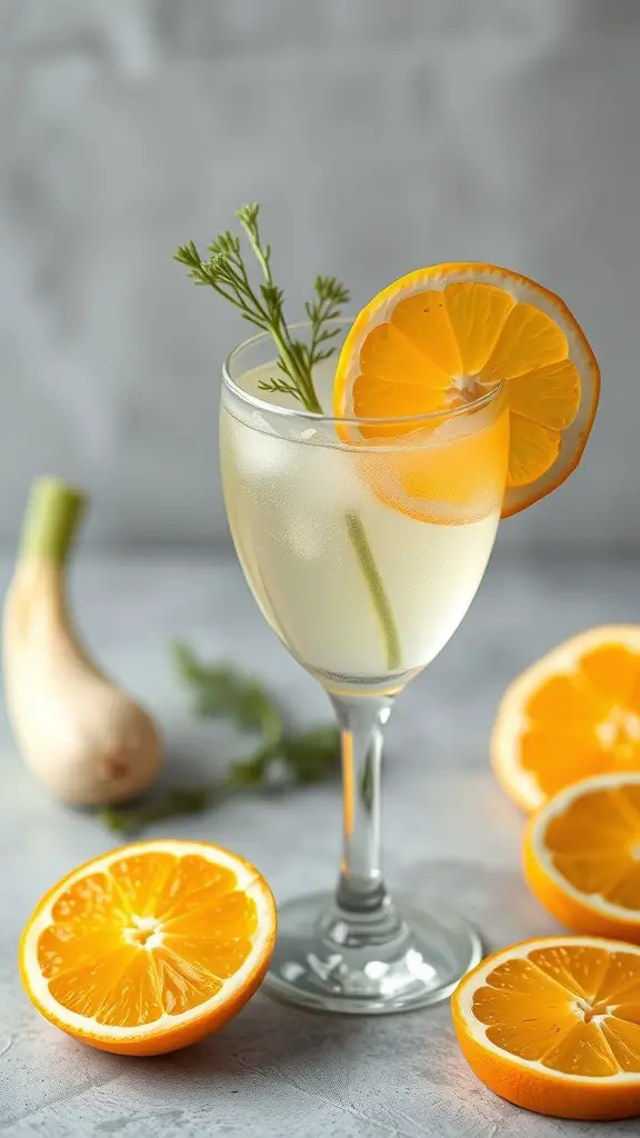 A glass of fennel and citrus juice garnished with an orange slice and fennel sprig, surrounded by halved oranges.