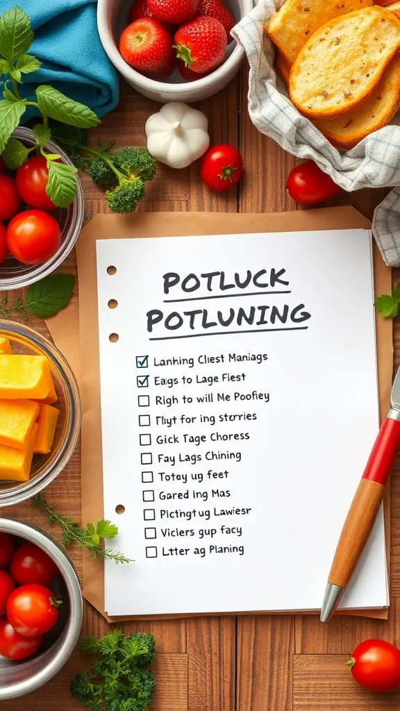 A colorful spread of fresh ingredients and a checklist for organizing a potluck.
