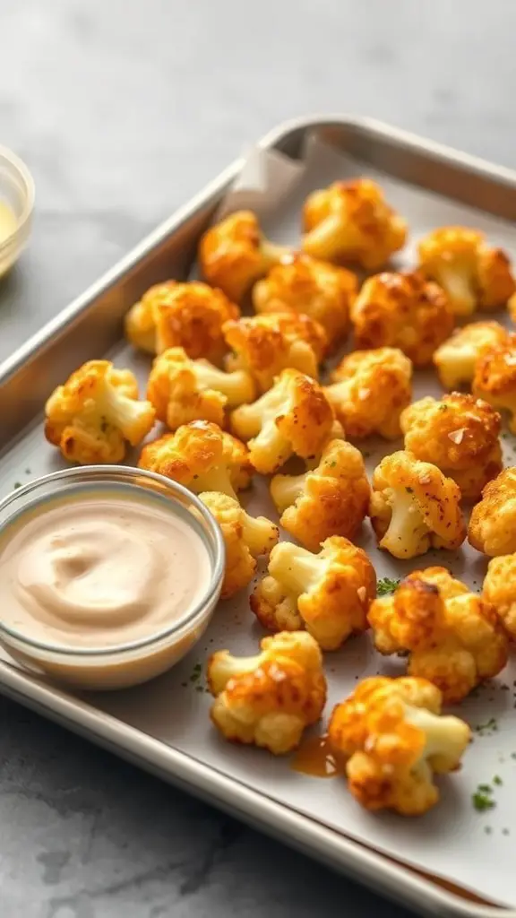 A tray of cheesy cauliflower bites with a dipping sauce